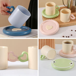 Nordic Heart Shape Ceramic Coffee Mug <b>Set</b> Off White Green Cylinder <b>Saucer</b> For Afternoon <b>Tea</b> - Product Image 1