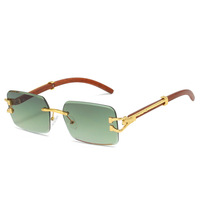 Lunettes de soleil carrées sans monture haut de gamme, avec branches en alliage doré et texture bois rétro, verres dégradés multicolores