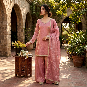 Ensemble Salwar Kameez en soie rose brodée avec dupatta, tenue de fête indienne pakistanaise pour femmes, pour mariage - Product Image 1