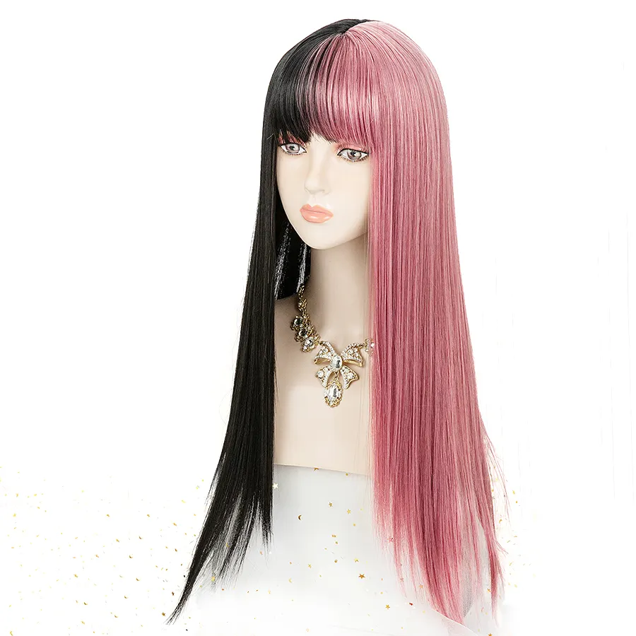 Фабричная цена градиент Красочные Аниме Косплей розовые черные синтетические женские двухцветные парики для косплея