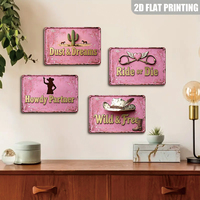 Plaque Métallique Vintage Rose Cowgirl Décoration Murale Western Cactus Cheval pour Chambre de Ferme