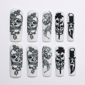 24 <span class=keywords><strong>Uñas</strong></span> Postizas Góticas de Diseño Largo en Forma de Ataúd, Negras y Blancas <span class=keywords><strong>con</strong></span> Calaveras y Rosas, <span class=keywords><strong>Uñas</strong></span> Acrílicas de Terror para Halloween, para Mujeres, para Fiestas - Product Image 5