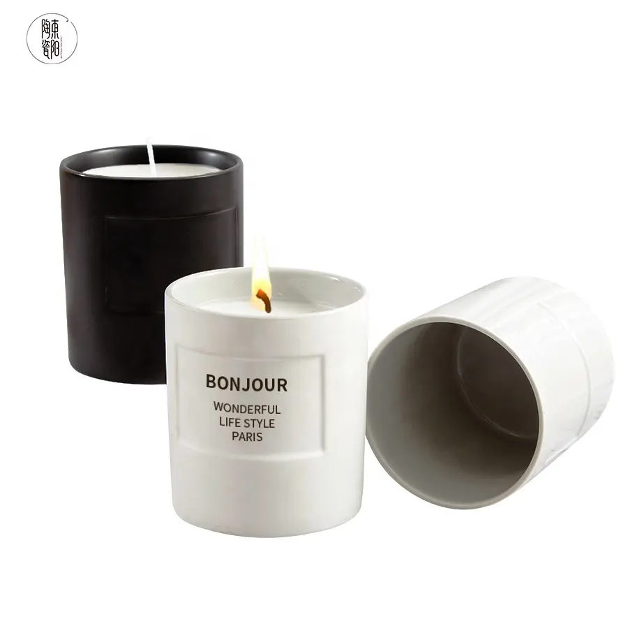 Custom logo candle holder wedding ceramic matte white black candle jar for home decor