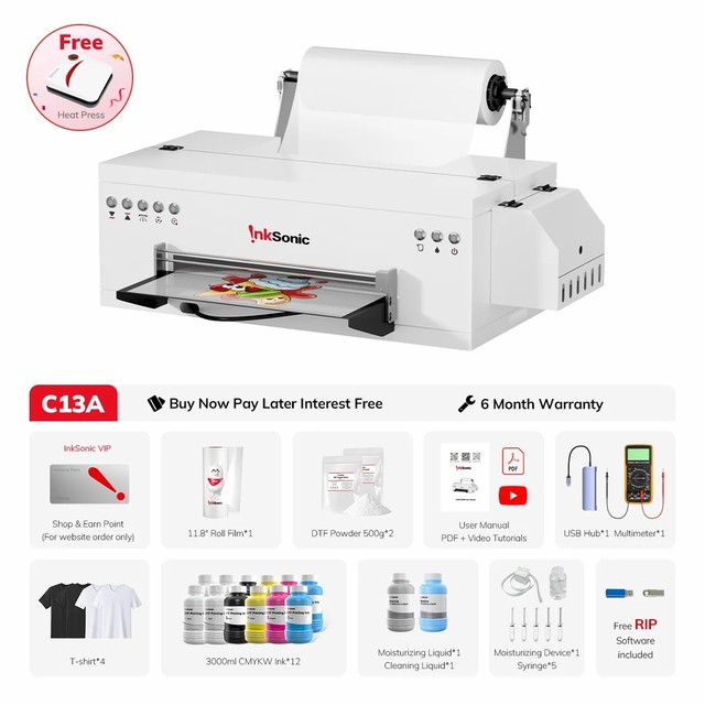 InkSonic R1390 C13A DTF Printer A3 User Friendly Desktop DTF Printer Printing Machine for Small Business Custom T-Shirt Printing