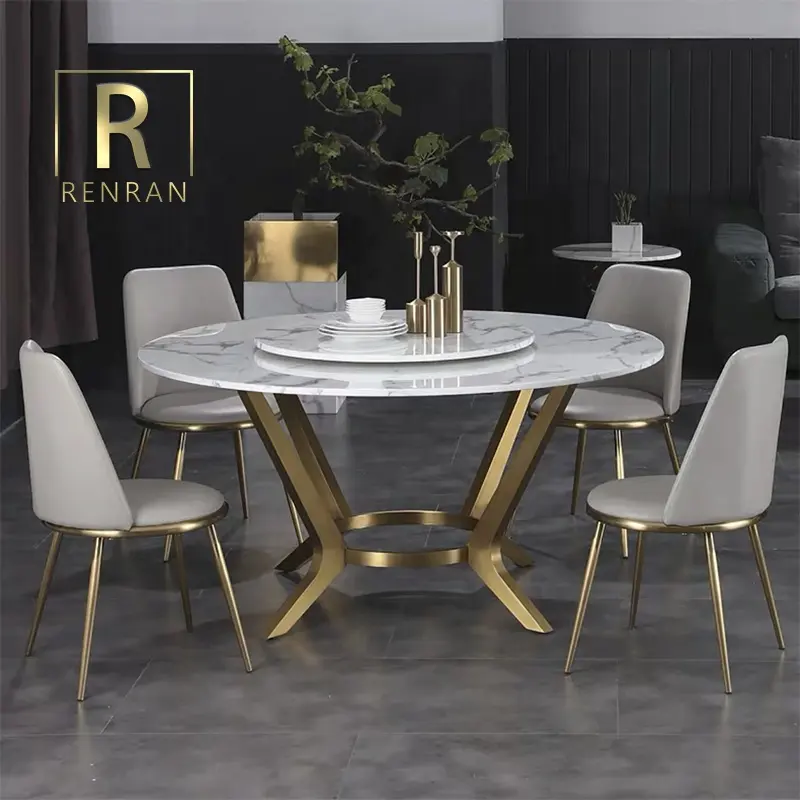 Modern contemporary new design dining room tables furniture sets stainless steel legs round marble stone top dining table