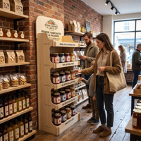 Présentoir à confitures en bois certifié FSC personnalisé - Support multi-niveaux pour pots de confiture et de miel avec assemblage sans outil et en-tête personnalisable avec logo