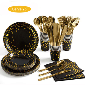 Party Supplies Golden Dot Disposable Party Dinnerware Black Paper Plates Napkins Cup Gold Plastic Forks Knives Spoons for Party