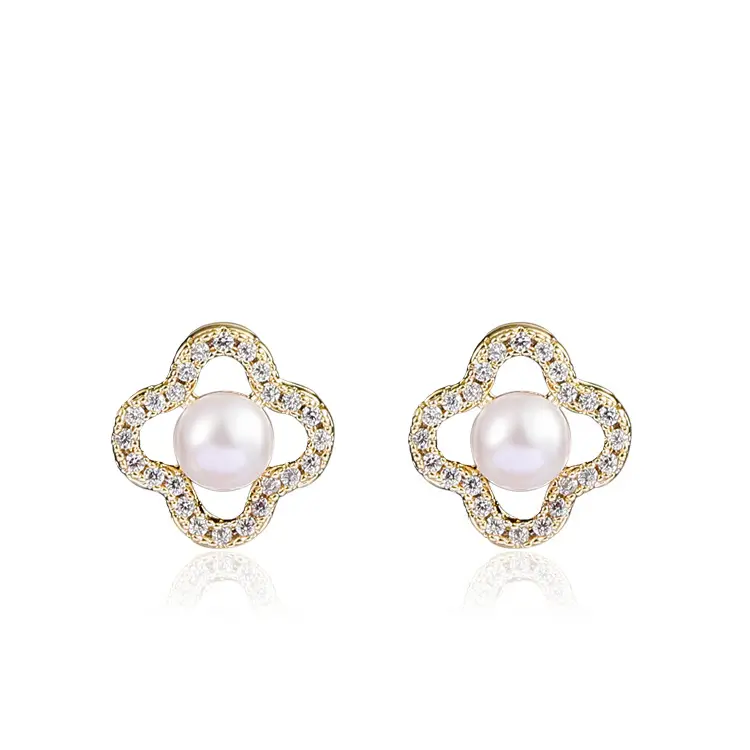 Sterling Silver Needle Copper Fashion Jewelry 18K Gold Colored Gemstones Zircon Four-leaf Clover Pearl Women Charm Earrings