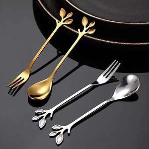 Leaf Shape Stainless Steel <b>Dessert</b> Spoon And <b>Fork</b> Set Gold Silver Color For Cake Fruit Coffee Stirring - Product Image 3