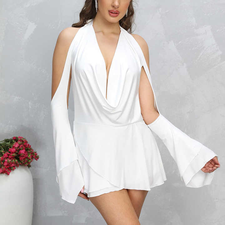 Fall Women Clothing Solid Color V-neck Sexy Backless Long Sleeves Split Pleated Dress main image 1