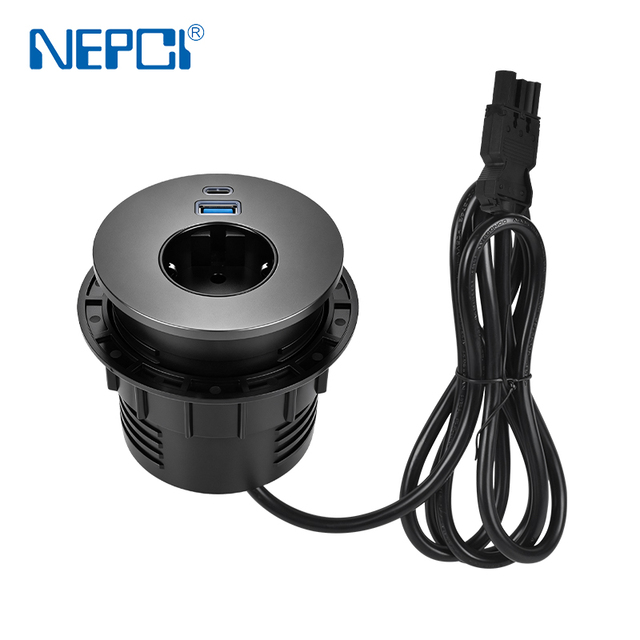 65W Fast Charging Desk Grommet Power Hub, EU Standard 16A 250V Plug with USB-C & USB-A Ports and GST18 Quick-Connect