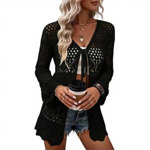 Cárdigan de punto calado para mujer, manga larga acampanada, con lazo frontal, estilo abierto, para playa, venta al por mayor - Product Image 4