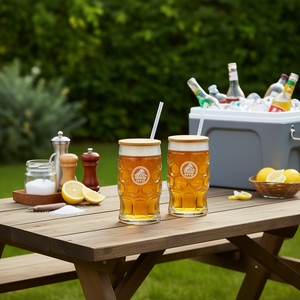 OEM 16oz Glass Beer Stein Mason Jar <b>Cup</b> With Bamboo Lid <b>Straw</b> Custom Logo Supported Sublimation Blank For Party - Product Image 2