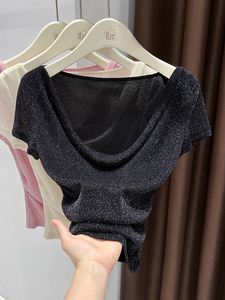 <strong>Pink</strong> Shiny Women's T-Shirt High-End Summer <strong>Top</strong> Ruched Waist Off-Shoulder Short-Sleeve Featuring Ice <strong>Silk</strong> Mesh Regular Shoulders - Product Image 2