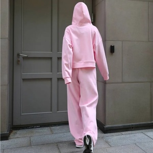 Ensemble de survêtement 2 pièces personnalisé pour <span class=keywords><strong>femme</strong></span>, 100 % coton 400g, comprenant un sweat à capuche court et un pantalon de survêtement, imprimé, uni, écologique, respirant, OEM, style sportif - Product Image 6