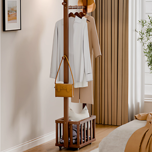 Perchero <span class=keywords><strong>de</strong></span> Pie <span class=keywords><strong>de</strong></span> <span class=keywords><strong>Madera</strong></span> Maciza, Diseño Minimalista, Plegable, Ecológico, con Cesta <span class=keywords><strong>de</strong></span> Almacenamiento <span class=keywords><strong>para</strong></span> Sala <span class=keywords><strong>de</strong></span> Estar y Dormitorio - Product Image 2
