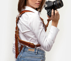 Tali pengikat kamera kulit bahu ganda, dengan penjepit ponsel keamanan OEM aman untuk perjalanan Vlog 2 kompatibilitas kamera - Product Image 6