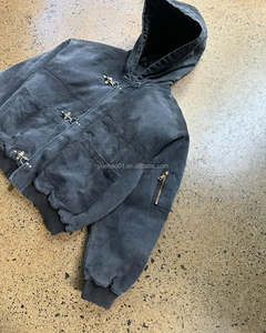 Custom Deck Hook Fireman Clasp Buckle Quilted <strong>Padded</strong> Faded Acid Wash Zip up Distressed Mechanic Workwear Work Bomber <strong>Hood</strong> <strong>Jacket</strong> - Product Image 4