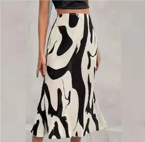 S-XXL New Fashion Retro Style High Waist Slim Fit Printed A-line Half Skirt Pleated Half Skirt