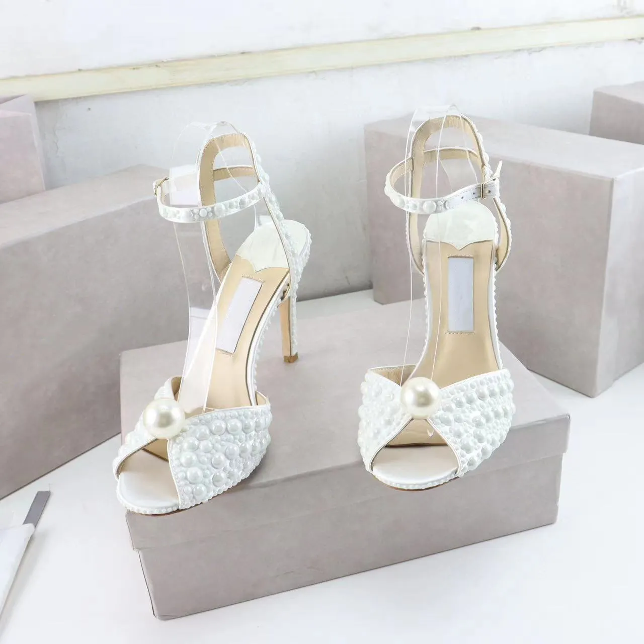 Luxury Handmade Peep Toe Pearl Heels Sandals Ladies Rhinestones Stiletto Female Pumps Wedding Dress Shoes Women Heels