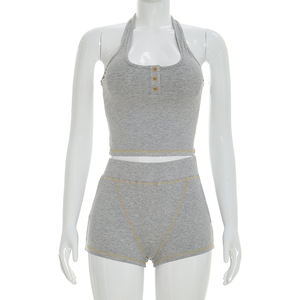 Viviblook Q26ST021 Women Casual Two Piece Summer <b>Set</b> Solid Color Regular Fit Halter Shorts <b>Set</b> - Product Image 2