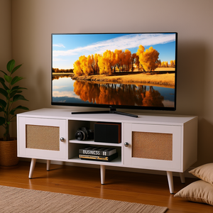 Meuble TV moderne du milieu du siècle, 55 pouces, blanc, en rotin, avec étagères réglables pour le rangement multimédia dans le salon - Product Image 2