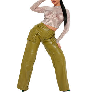2022 personnalisé femmes taille haute jambe large Faux <span class=keywords><strong>cuir</strong></span> <span class=keywords><strong>pantalon</strong></span> Y2K Streetwear Style <span class=keywords><strong>cuir</strong></span> lavé <span class=keywords><strong>Cargo</strong></span> <span class=keywords><strong>pantalon</strong></span> - Product Image 2