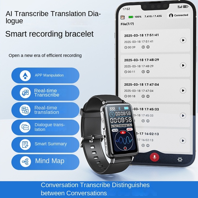 Ai Smart Watch Bracelet Digital Voice Recorders Recording Pen Translation Summary Mind Map Chatgpt WAV USB Wholesale OEM
