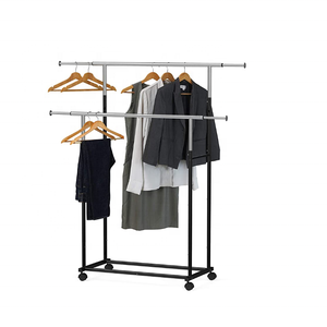 Séchoir <span class=keywords><strong>à</strong></span> linge <span class=keywords><strong>à</strong></span> double barre en métal noir, séchoir <span class=keywords><strong>à</strong></span> linge minimaliste <span class=keywords><strong>sur</strong></span> <span class=keywords><strong>roulettes</strong></span>, design élégant et gain de place pour la buanderie moderne - Product Image 4