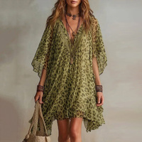 Robes mini à manches chauve-souris, demi-manches, asymétriques, couleur contrastée, avec volants léopard, transparentes, col en V profond