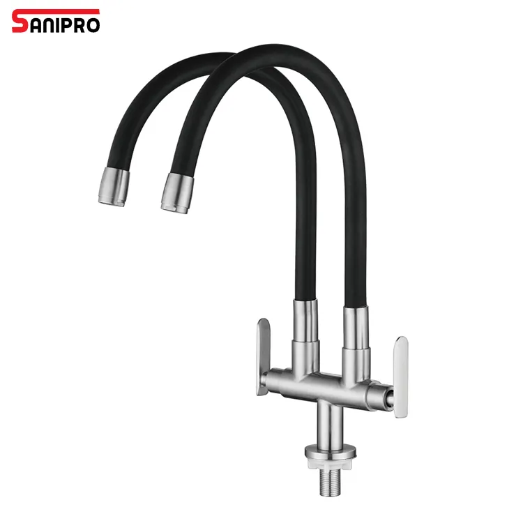 SANIPRO SUS304 Grifo de acero inoxidable Mezclador de agua fría y caliente Grifo Flexible de doble tubo Extraíble Grifos de cocina