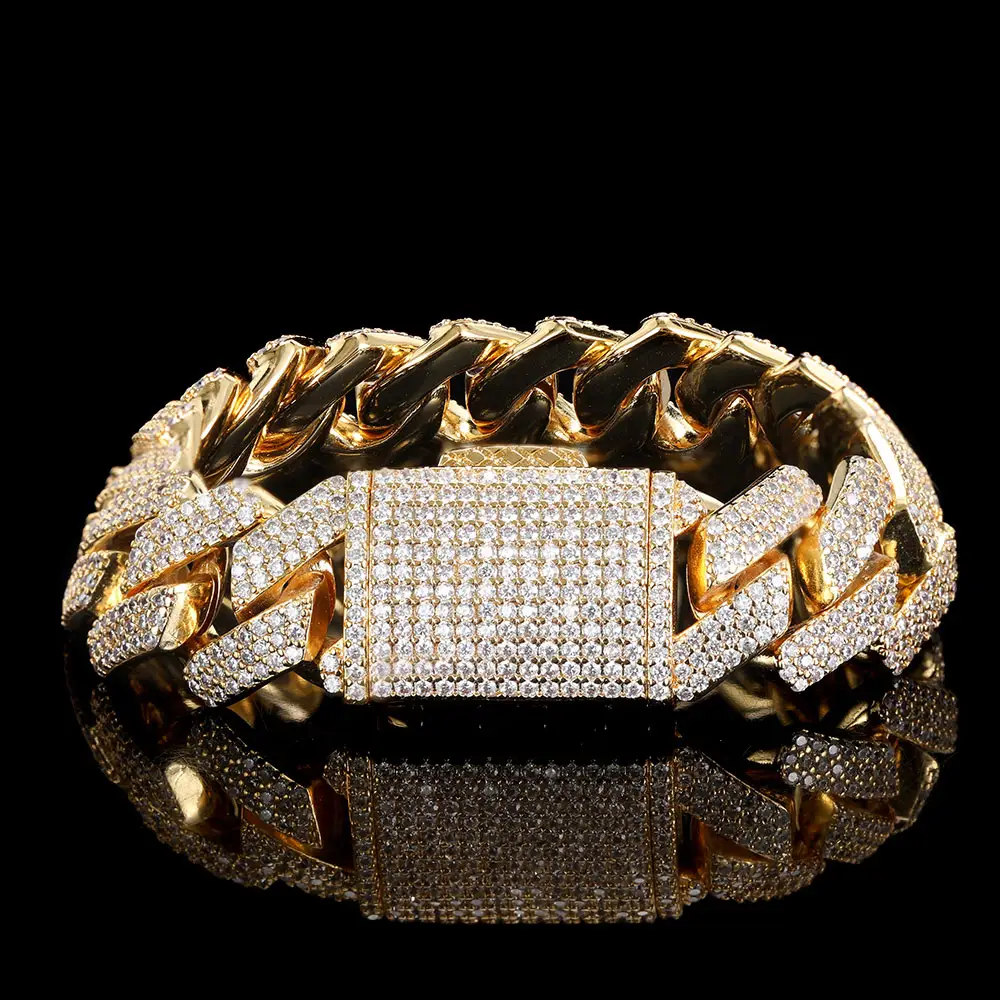 Hip Hop Jewelry Diamond Bracelet CZ Stones Iced Out Prong Cuban Chunky Gold Bracelet
