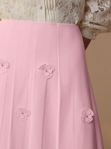 Falda Midi Plisada con Apliques Florales 3D en Rosa Pálido, Cintura Alta, Corte en A, Tela de Chifón, Elegante, para Invitadas de Boda, Fiestas, Uso Casual - Product Image 3