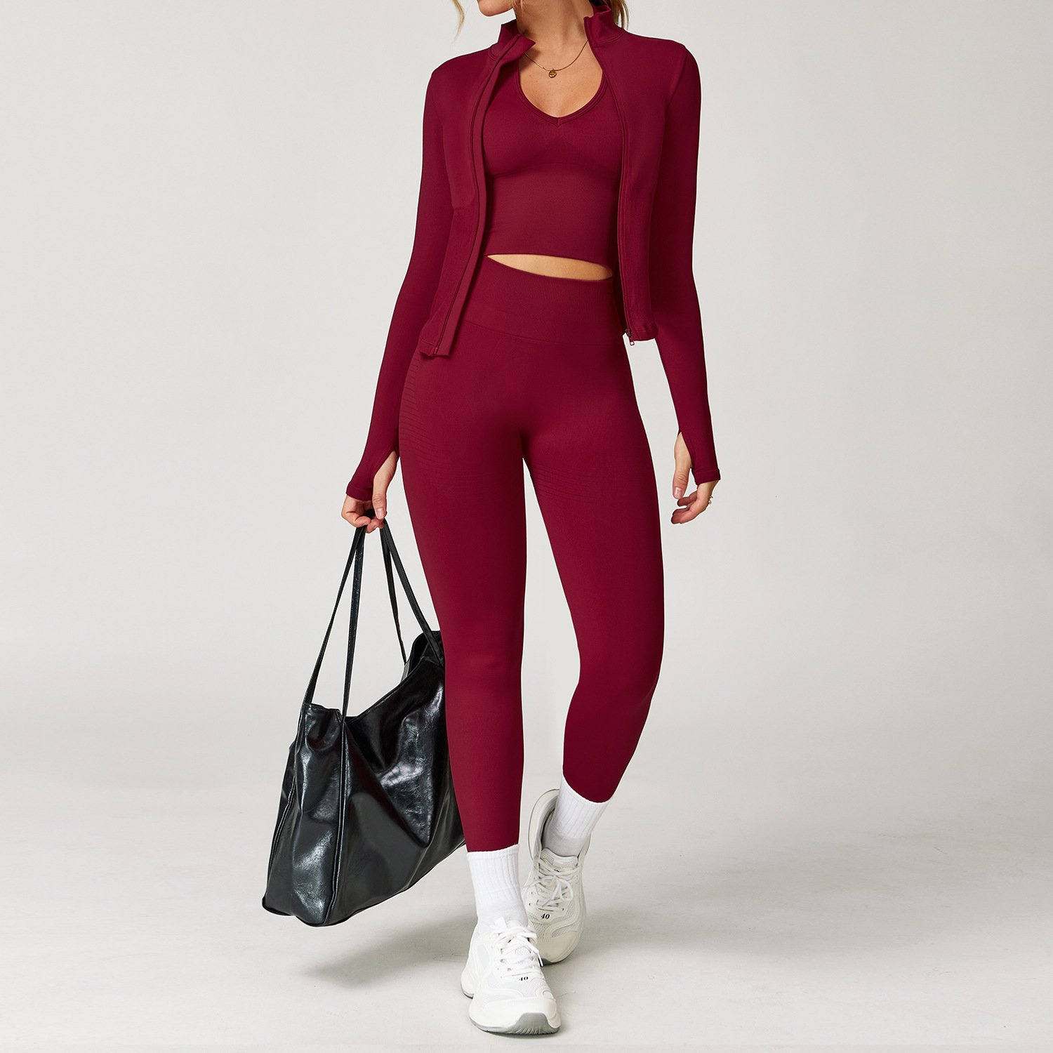Seamless Sports Jacket Three-piece Set, Yoga Clothing Solid Color Mode Fitness Long Pants, Casual Sports Two-piece Set