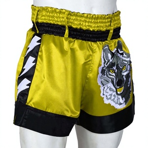Pantalones Cortos de Muay Thai para Hombre en Satén Amarillo con Bordado de Lobo, Cintura Alta con Banda Elástica, Diseño Deportivo - Product Image 1