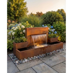 Cascada de jardín de acero Corten de 100 x 200 x 50 cm con dos maceteros, patina natural de óxido, para hoteles, villas y paisajes. - Product Image 1