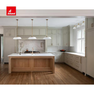 AllandCabinet Armoire de cuisine de luxe en <span class=keywords><strong>bois</strong></span> massif avec cadre américain Shaker à perles blanches et armoire cannelée avec îlot dans les villas - Product Image 1