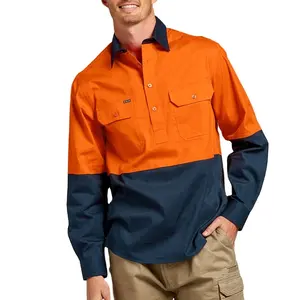 Mens Workshirt Relaxed fit 100% cotton drill Long sleeve Half button front Double pocket Burton Hi-Vis Long Sleeve Workshirt