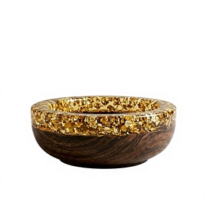 Moderna y Lujosa Tazón de Madera con Borde de Resina y Hoja de Oro para Comedor, Tazón de Servir Contemporáneo con Textura Natural Marrón - Product Image 1