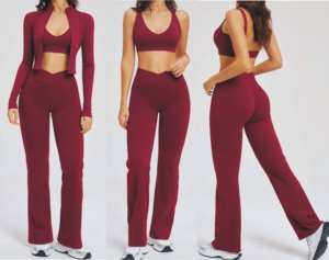 ชุดโยคะ 3 ชิ้นสำหรับผู้หญิง กางเกงเลกกิ้งเอวสูงทรงบาน เสื้อชั้นในกีฬา เสื้อแจ็คเก็ตมีซิป ชุดออกกำลังกาย ชุดฟิตเนส ชุดกีฬา - Product Image 1