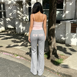 Color Block Letter Print Knit Pants <b>Drawstring</b> Waist Flared Leg Loose Fit <b>Trousers</b> Women Casual Sporty Versatile Long Pants - Product Image 5