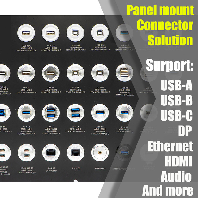 Metal USB Panel Mount Connector USB C Panel Mount Connector Adapter Ethernet Connector Customizable