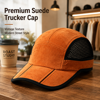 Gorras Originales Suede Burnt Orange, Gorra de 5 Paneles con Paneles Laterales de Malla Negra y Ribete en Contraste, Gorra de Boutique
