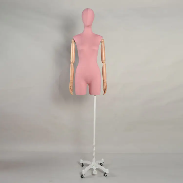 3/4 pink fabric wrapped female bust torso mannequin with wooden arm with head for window display
