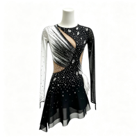 Robe de patinage artistique à manches longues contrastée noir et blanc, dos découpé, plumes et strass, pour filles et femmes adultes