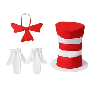 Kit de accesorios de disfraz de gato en el sombrero para adultos, Kit de accesorios para fiesta de cumpleaños, evento de Halloween, rojo y blanco, Dr Suess
