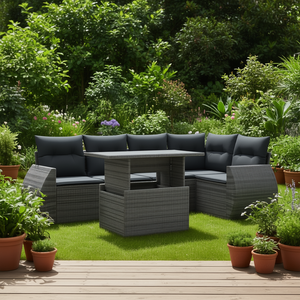 Dark Grey <b>Rattan</b> Garden <b>Sofa</b> Set With Table 6 Seater Outdoor Furniture Contemporary Design - Product Image 2