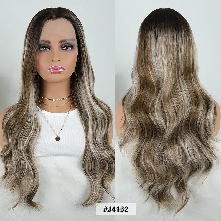 Vente en gros Kanekalon Futura Premium Fibre Lisse Partie Libre Haute Qualité Brun Clair Long Bouclés Blonde Synthétique Avant de Lacet Perruques