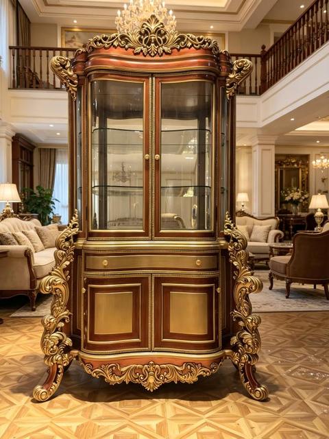 European Style Luxury Solid Wood Wine Cabinet Living Room Home Bar Liquor Display Showcase Corner Wine Storage Cabinet