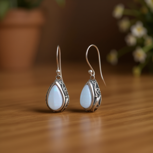 Boucles d'oreilles vintage en opale pour femmes, en alliage plaqué argent tibétain, forme goutte d'eau, serti clos, bijoux de mode pour soirée E4602 - Product Image 2